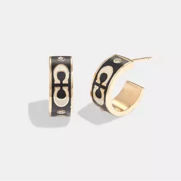 NWT! Coach signature hoop - huggie earrings in gold, black and white + gift box - Picture 1 of 10